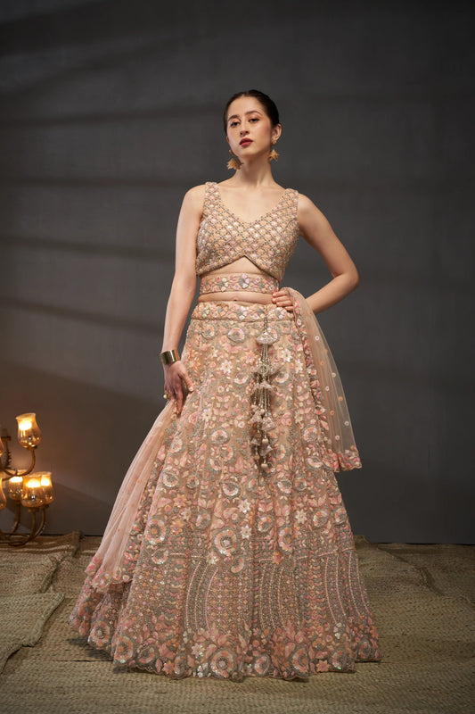 Peach Net Multi Sequins with heavy Zarkan embroidery Lehenga Set