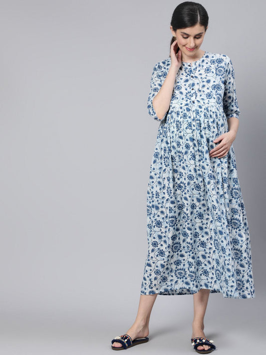 Women Off White & Blue Floral Printed Maternity Dress With Three Quarter Sleeves