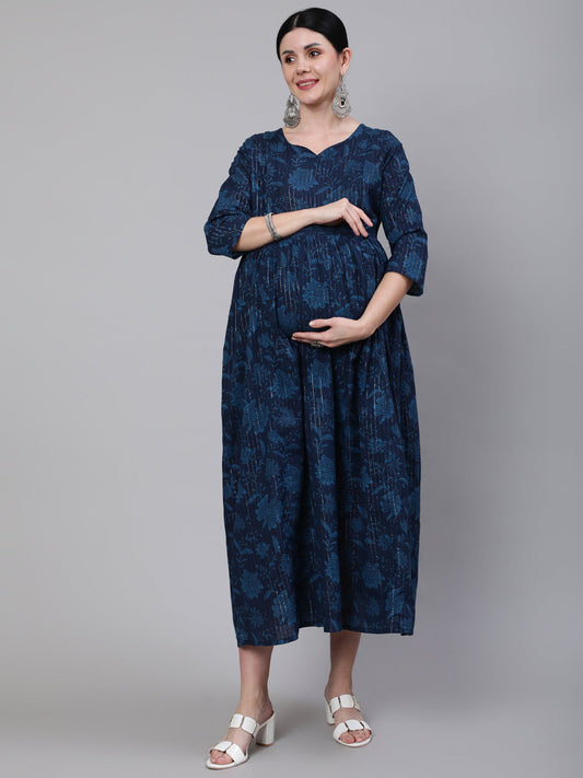 Women Navy Blue Ethnic Printed Flared Maternity Dress