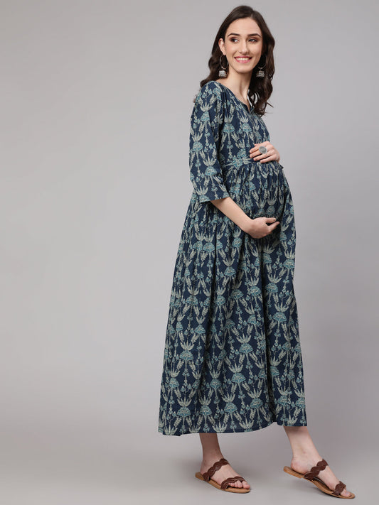 Women Blue Printed Flared Maternity Dress