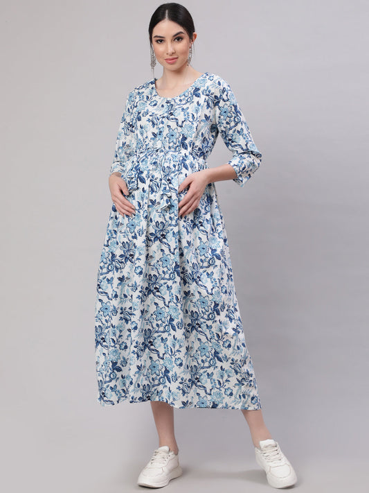 Women Off White & Blue Floral Printed Maternity Dress With Three Quarter Sleeves