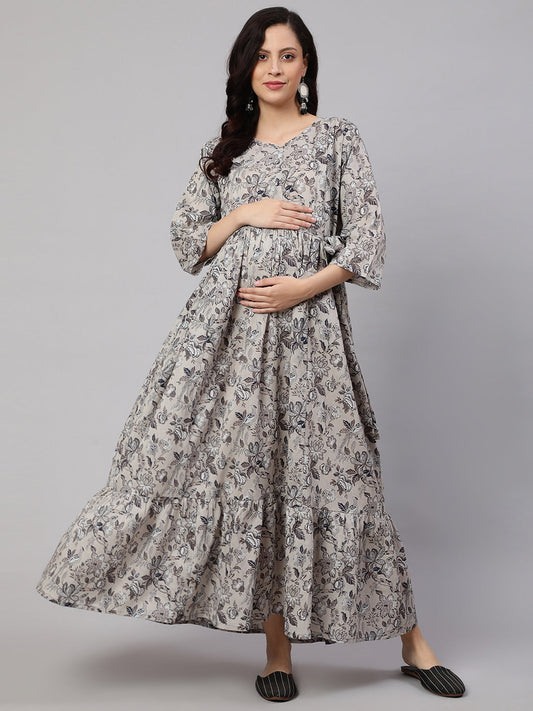 Women Grey Printed Flared Maternity Dress