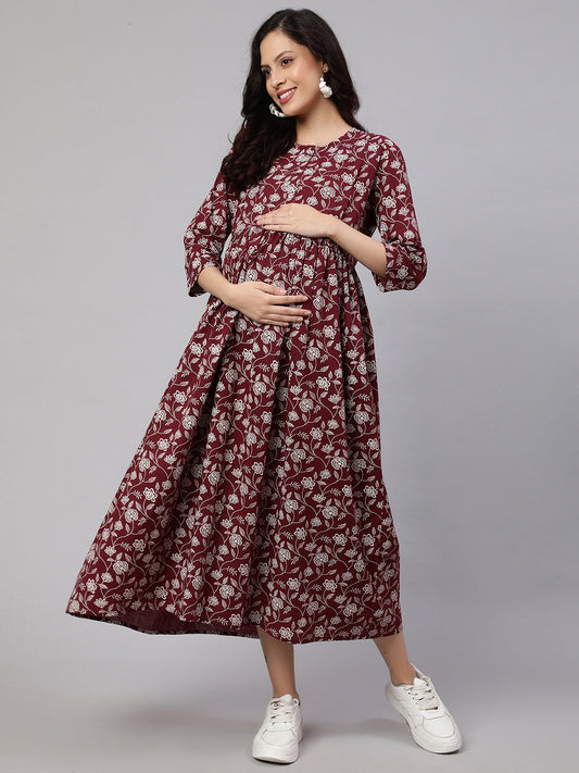 Women Burgundy Printed Flared Maternity Dress