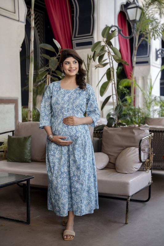 Women Blue Printed Flared Maternity Dress