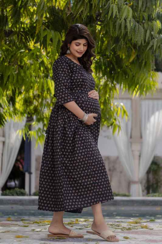 Women Black Printed Flared Maternity Dress