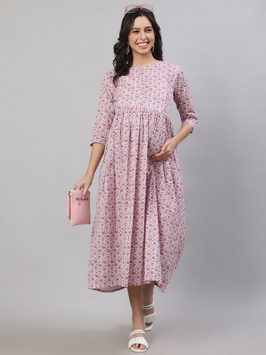 Women Off-White Printed Flared Maternity Dress