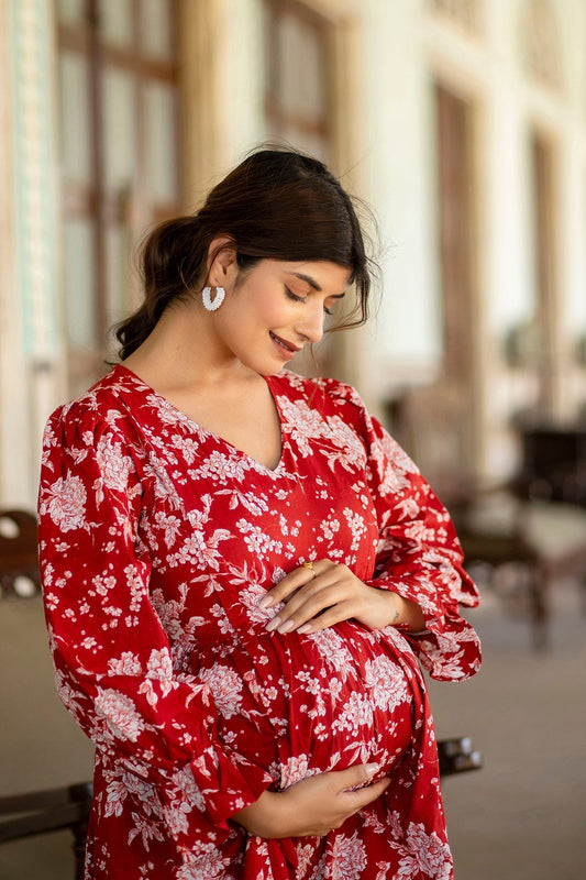 Women Red Printed Flared Maternity Dress