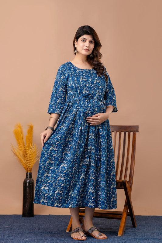 Blue Floral Maternity Dress For Women