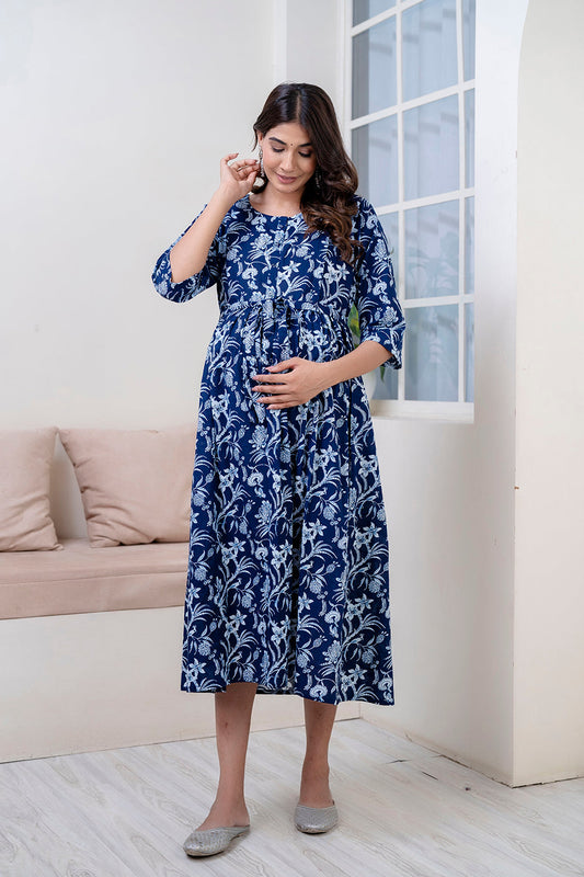 Navy Blue Abstract Printed Maternity Dress For Women