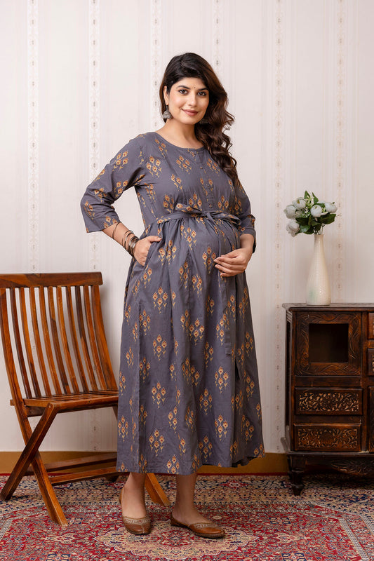 Grey Ethnic Maternity Dress For Women