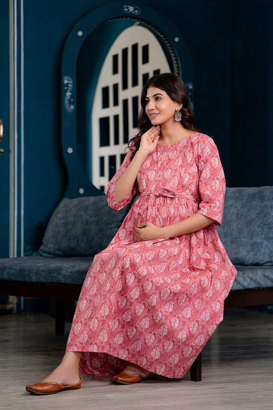 Pink Printed Maternity Dress For Women