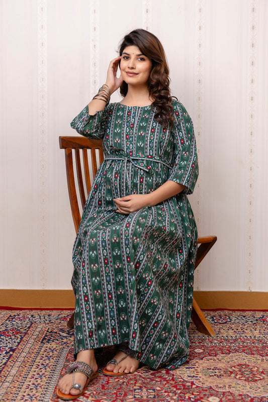 Green Printed Maternity Dress For Women