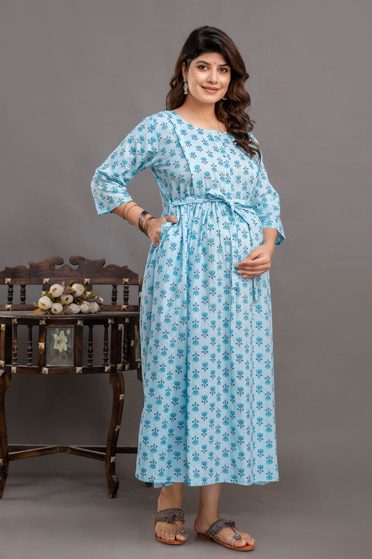 Blue Printed Maternity Dress For Women