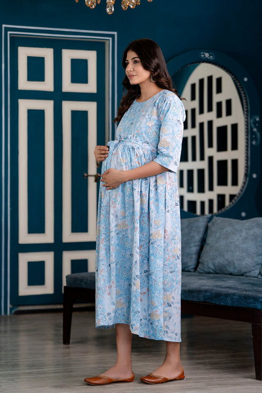 Blue Printed Maternity Dress For Women