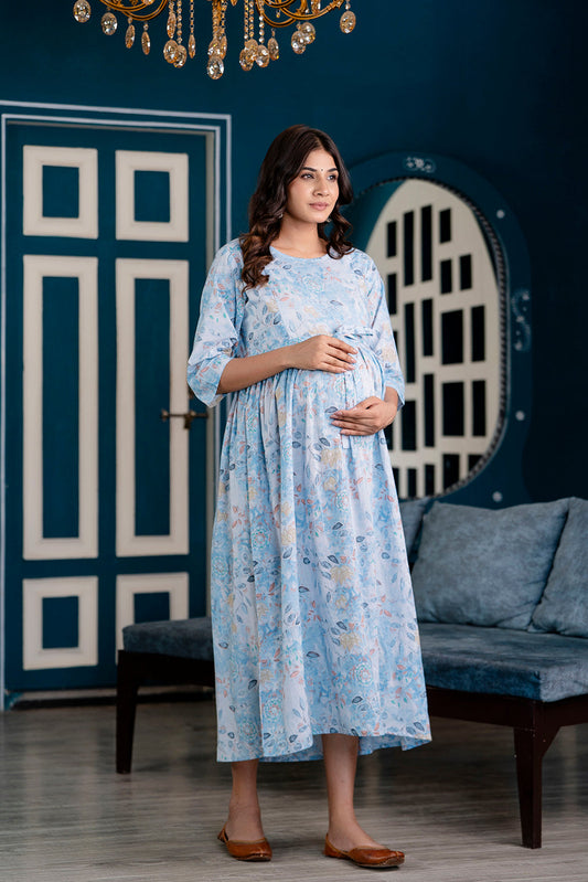 Blue Printed Maternity Dress For Women