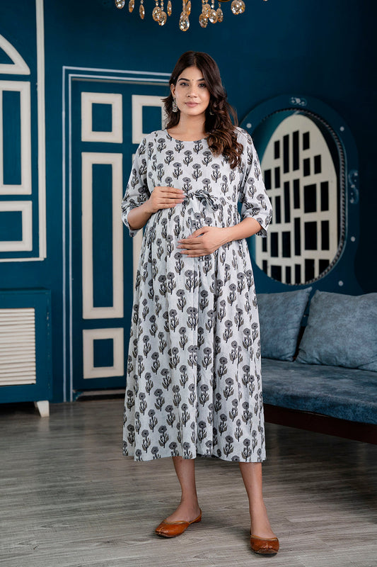 Grey Printed Maternity Dress For Women