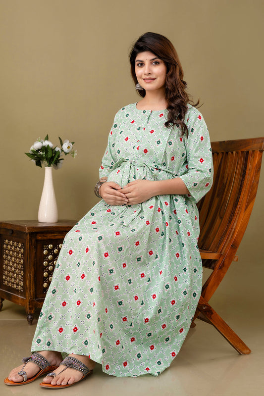 Green Printed Maternity Dress For Women