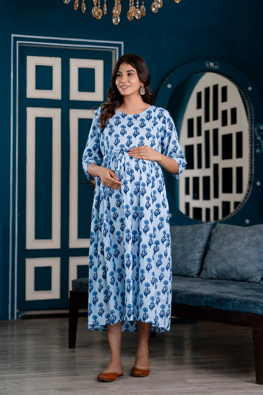 Blue Printed Maternity Dress For Women