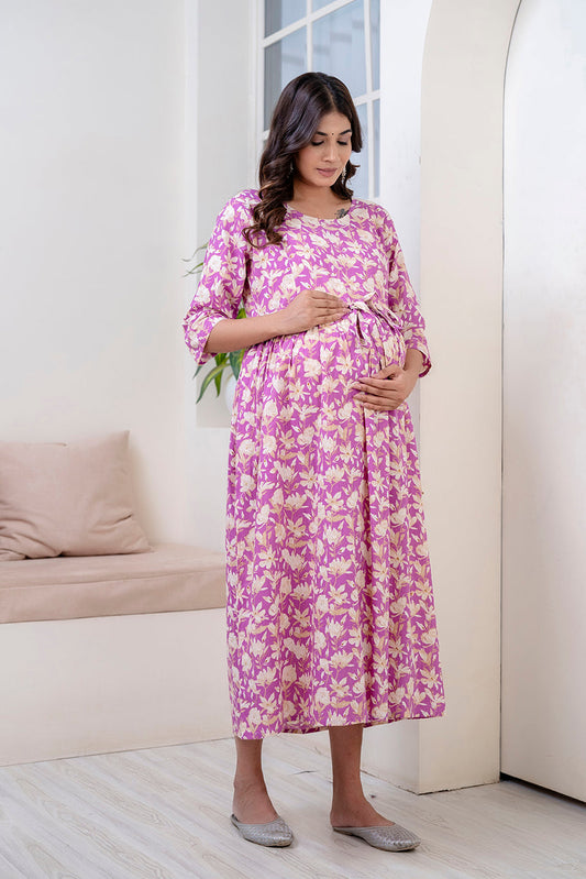 Purple Printed Maternity Dress For Women