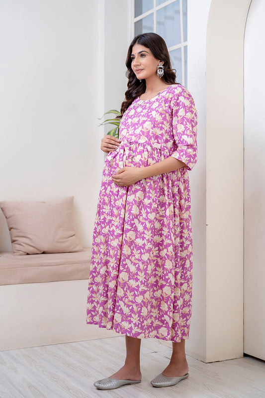 Purple Printed Maternity Dress For Women