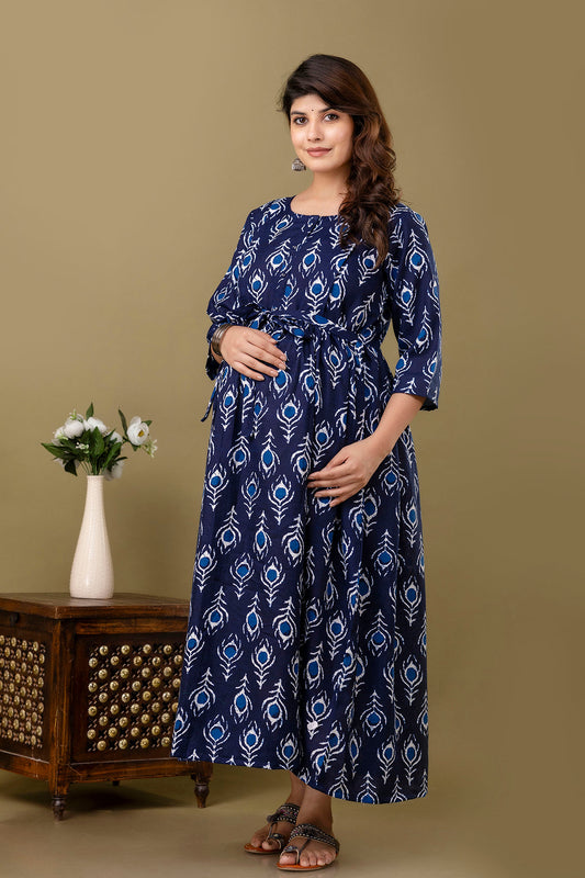 Navy Blue Printed Maternity Dress For Women