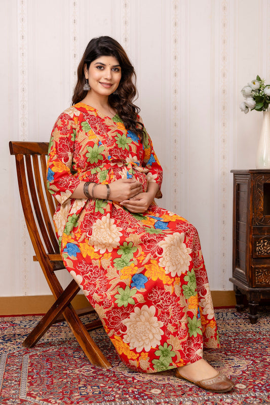 Red Printed Maternity Dress For Women