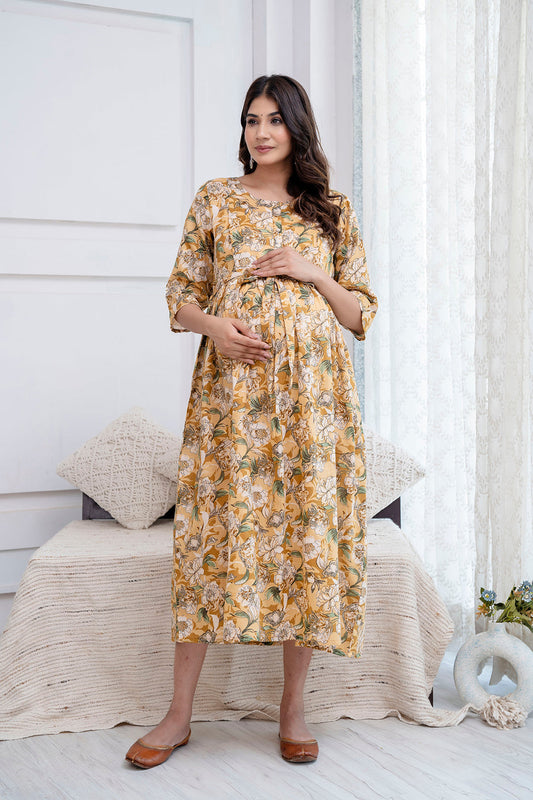 Cream Printed Maternity Dress For Women