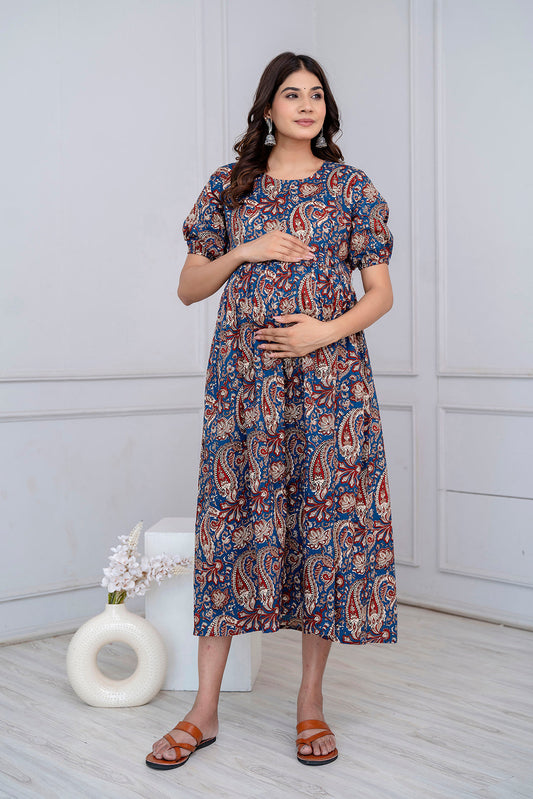 Blue Printed Maternity Dress For Women