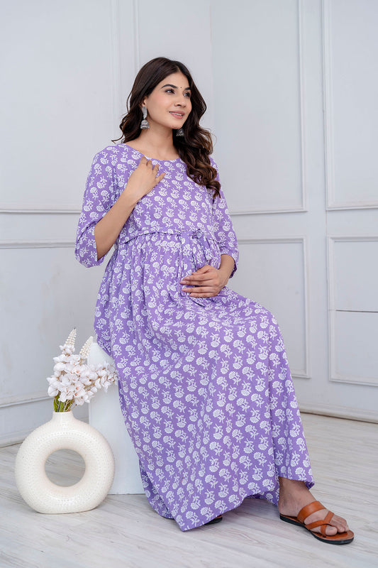 Purple Printed Maternity Dress For Women