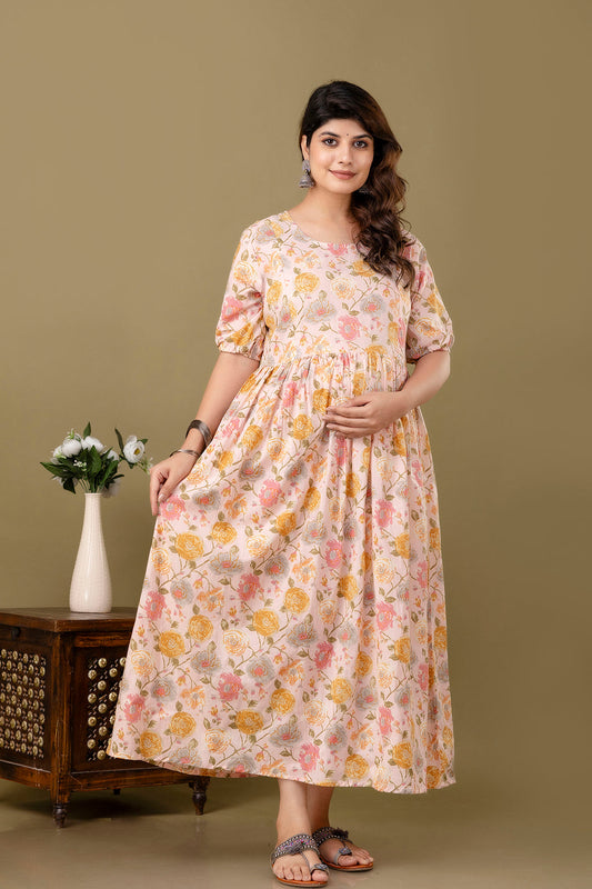 Pink Printed Maternity Dress For Women