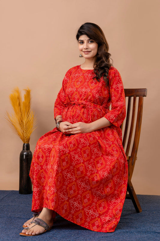 Red Printed Maternity Dress For Women