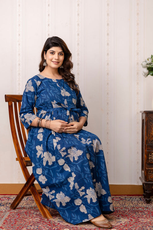 Blue Printed Maternity Dress For Women