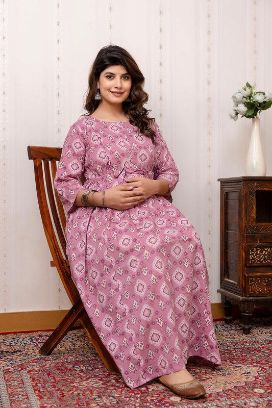 Mauve Printed Maternity Dress For Women