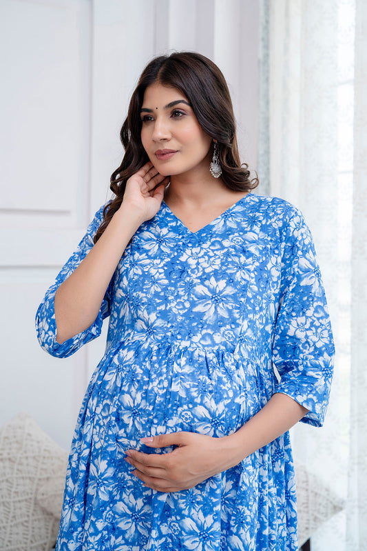 Blue Printed Maternity Dress For Women