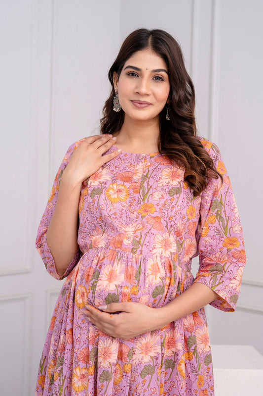 Purple Printed Maternity Dress For Women