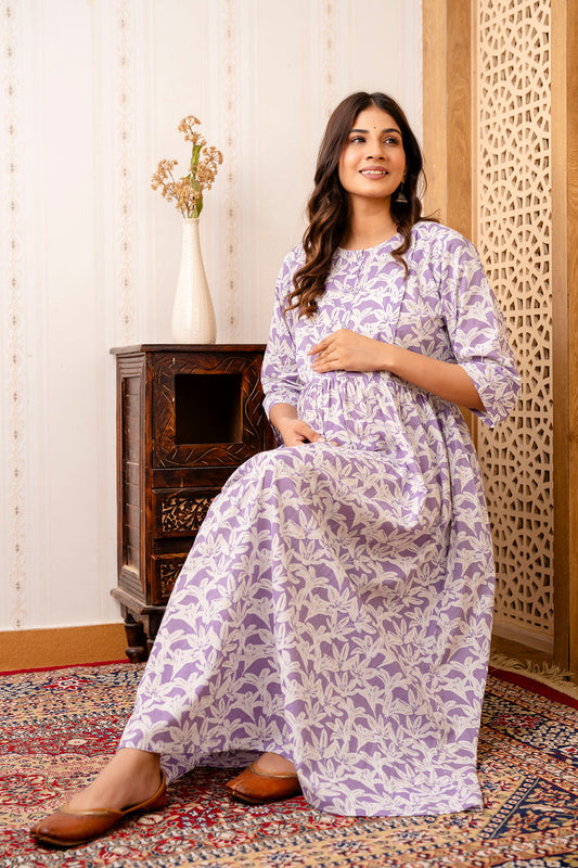 Purple Printed Maternity Dress For Women