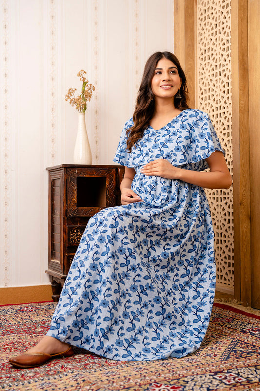 Blue Printed Maternity Dress For Women