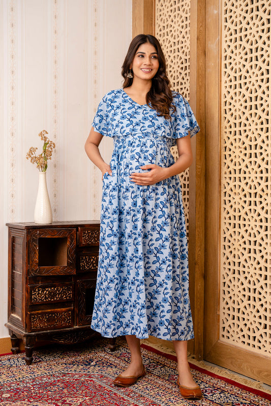 Blue Printed Maternity Dress For Women