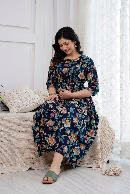 Navy Blue Printed Maternity Dress For Women