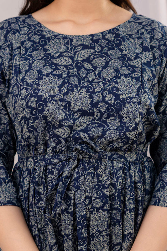 Navy Blue Printed A-Line Kurta Maternity Dress For Women