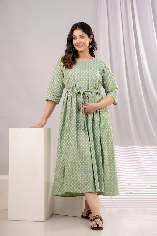 Green Printed A-Line Kurta Maternity Dress For Women