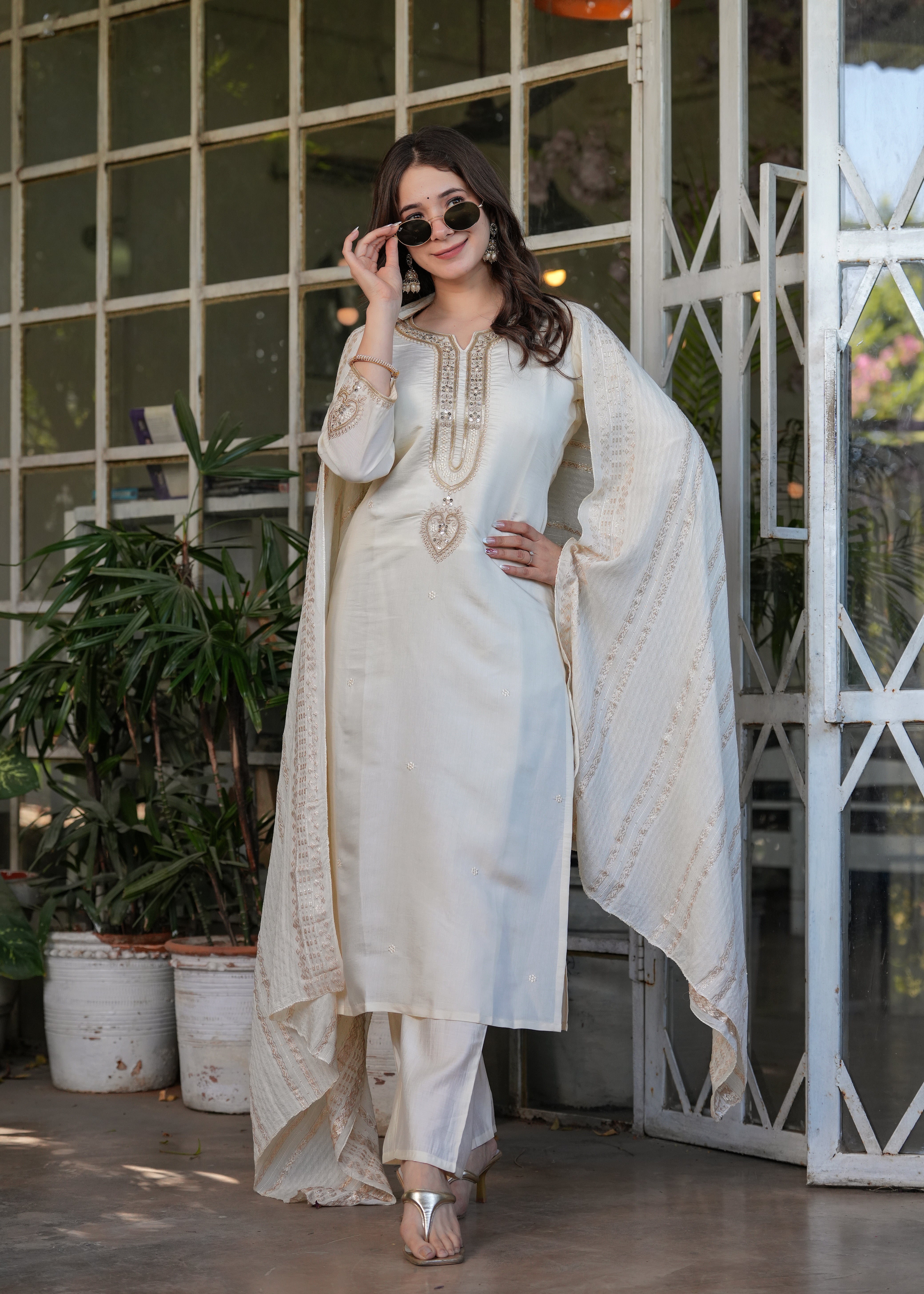 Beautiful Embroidered Viscose Chanderi Fabric Straight Kurta, Pant and Dupatta Set