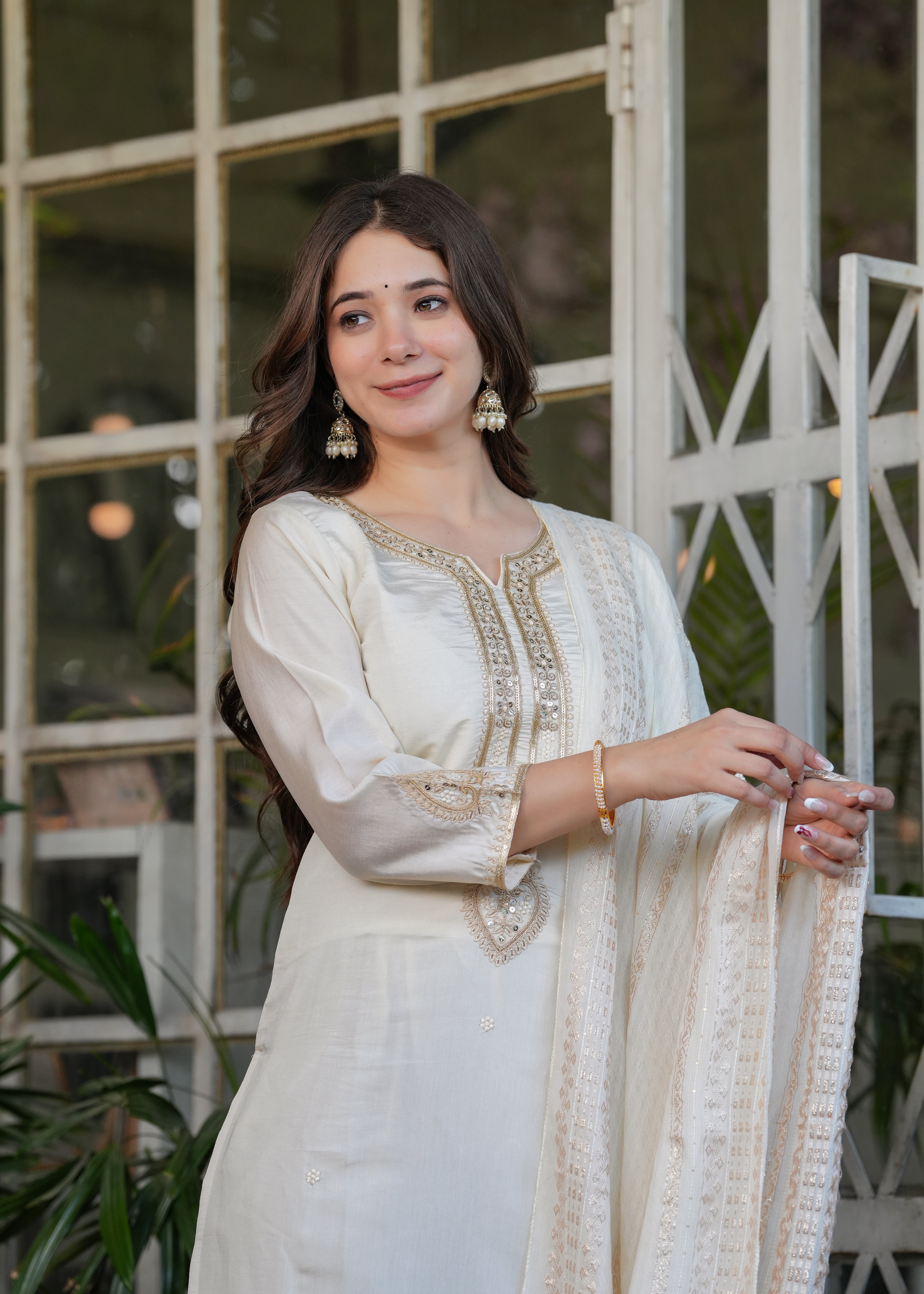 Beautiful Embroidered Viscose Chanderi Fabric Straight Kurta, Pant and Dupatta Set