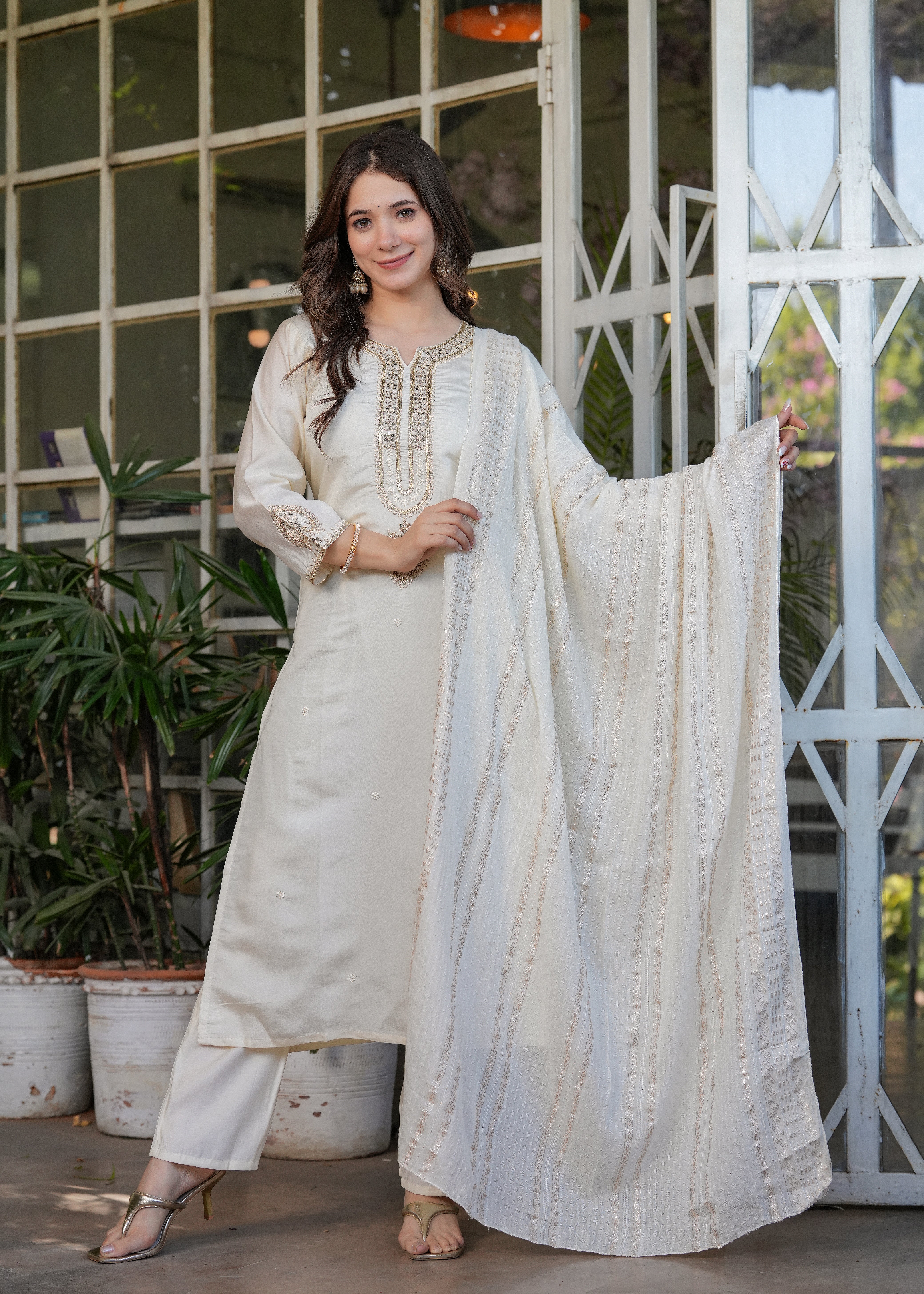Beautiful Embroidered Viscose Chanderi Fabric Straight Kurta, Pant and Dupatta Set