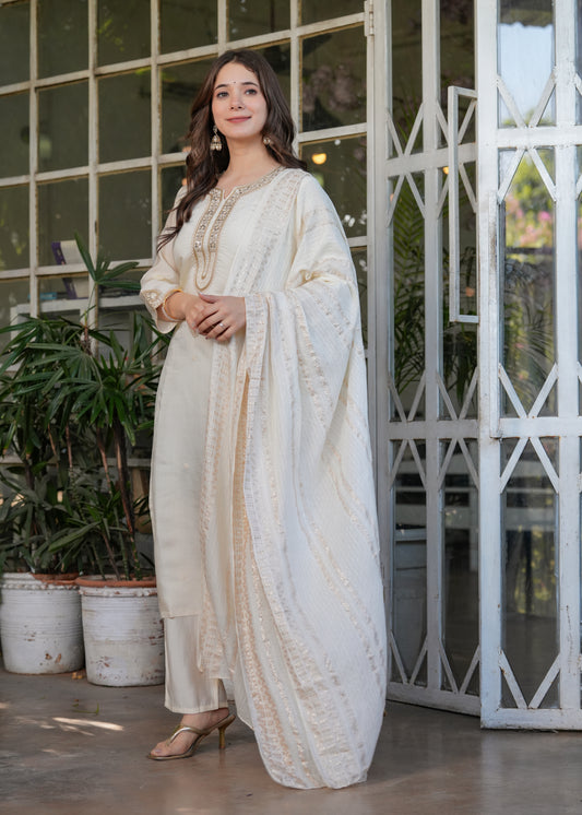 Beautiful Embroidered Viscose Chanderi Fabric Straight Kurta, Pant and Dupatta Set