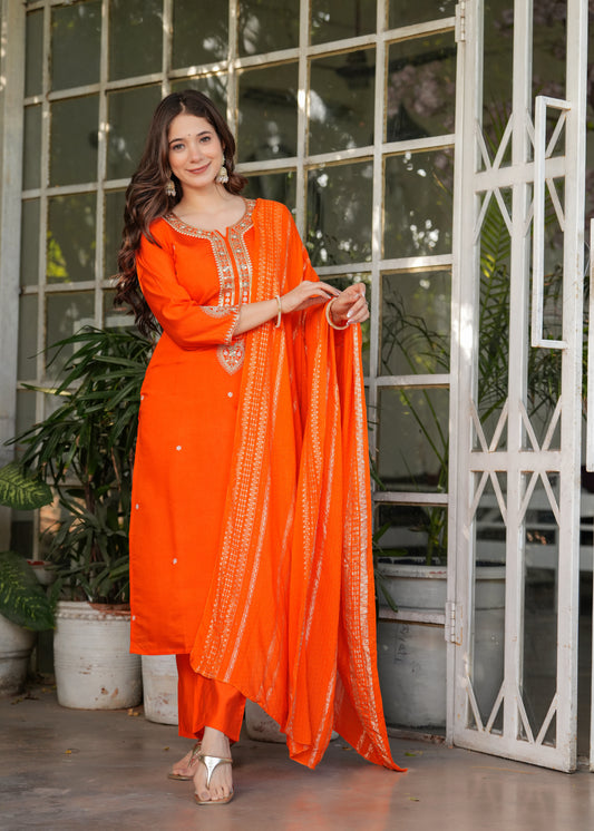 Beautiful Embroidered Viscose Chanderi Fabric Straight Kurta, Pant and Dupatta Set