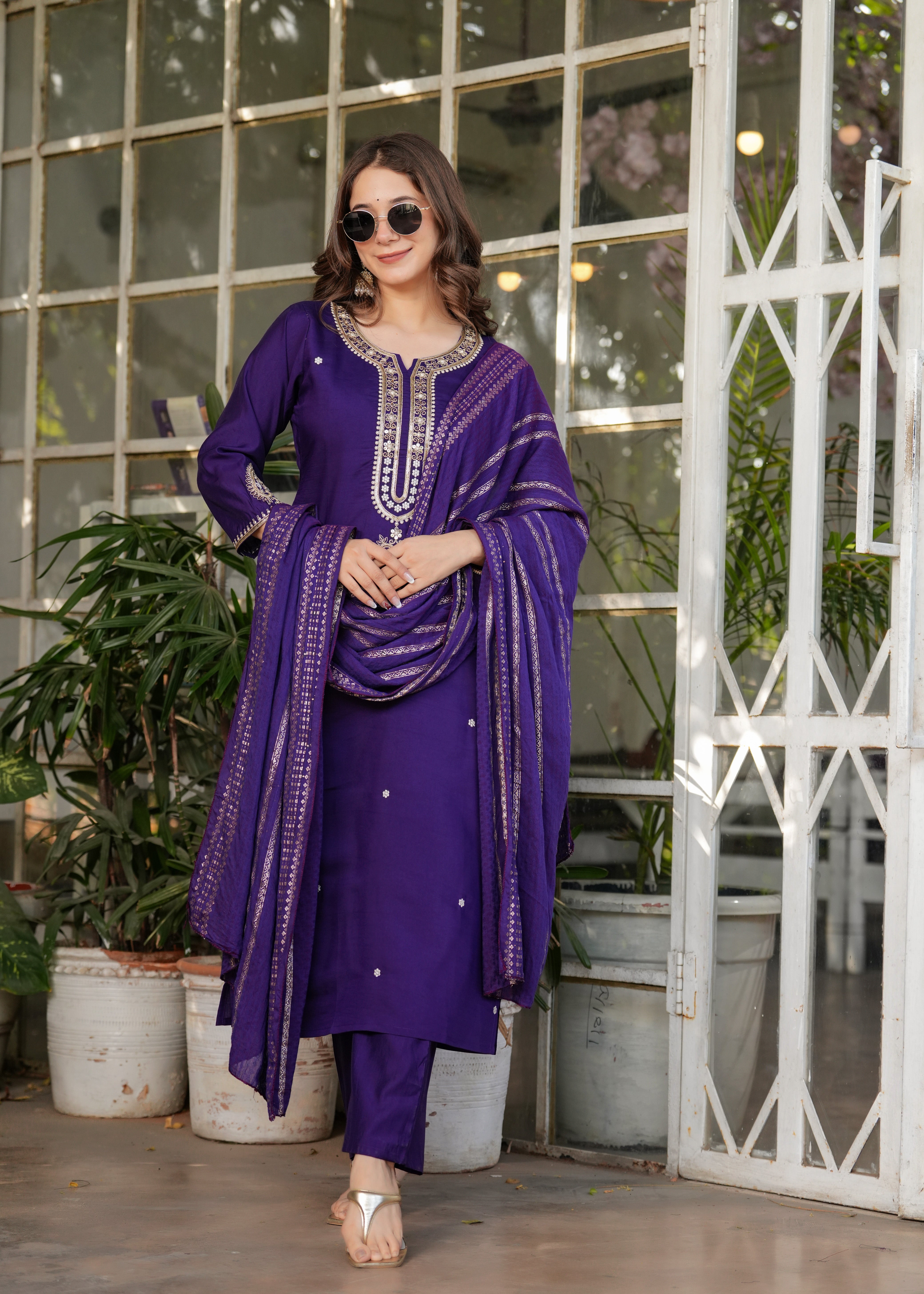 Beautiful Embroidered Viscose Chanderi Fabric Straight Kurta, Pant and Dupatta Set