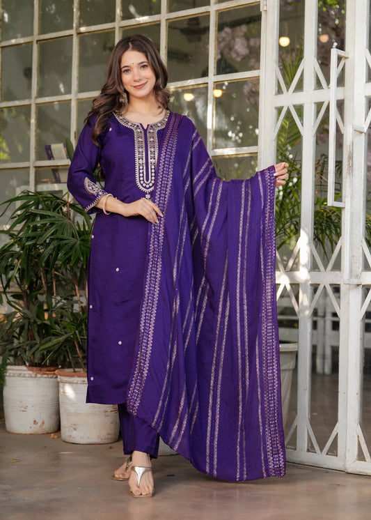 Beautiful Embroidered Viscose Chanderi Fabric Straight Kurta, Pant and Dupatta Set