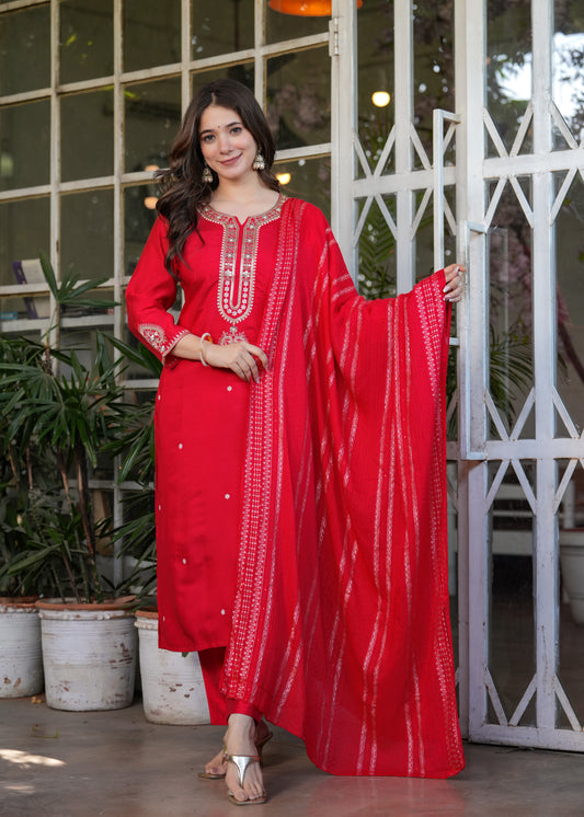 Beautiful Embroidered Viscose Chanderi Fabric Straight Kurta, Pant and Dupatta Set