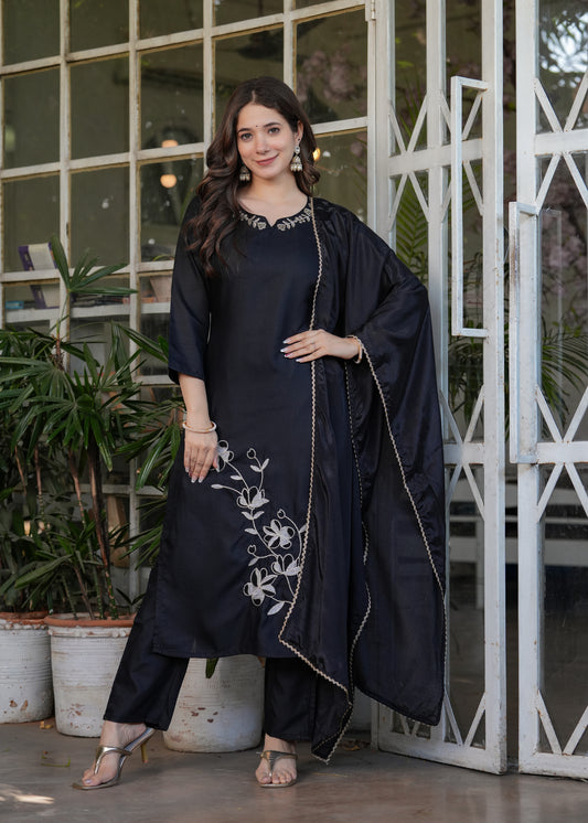 Beautiful Thread Work Viscose Rayon Fabric Straight Kurta, Pant and Dupatta Set